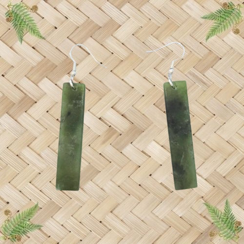 NZ Greenstone Toki Rectangle Earrings - 50mm