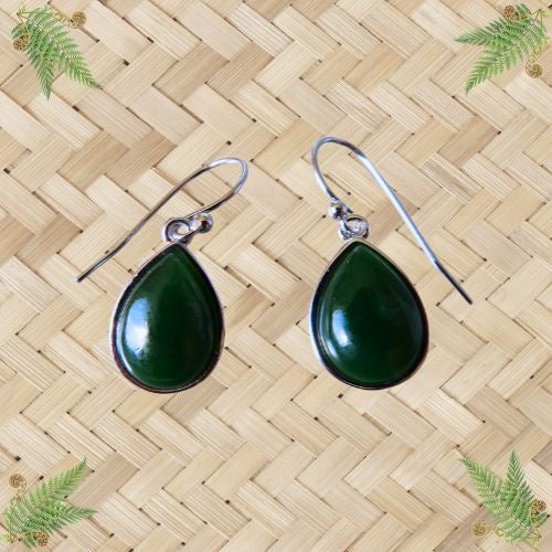 NZ Greenstone & Silver Teardrop Earrings - 20mm