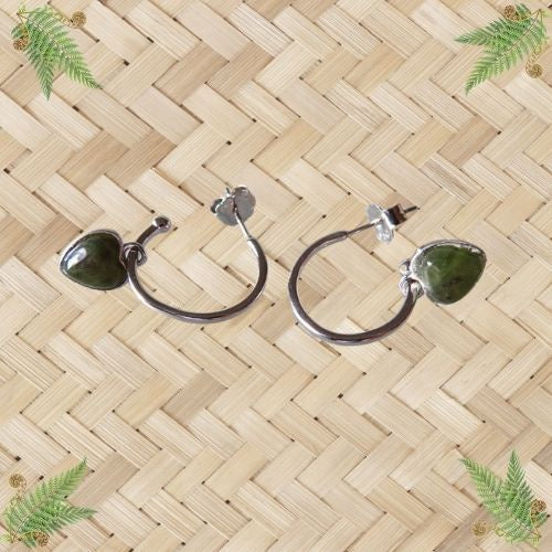 NZ Greenstone & Silver Heart Drop Stud Earrings - 6mm