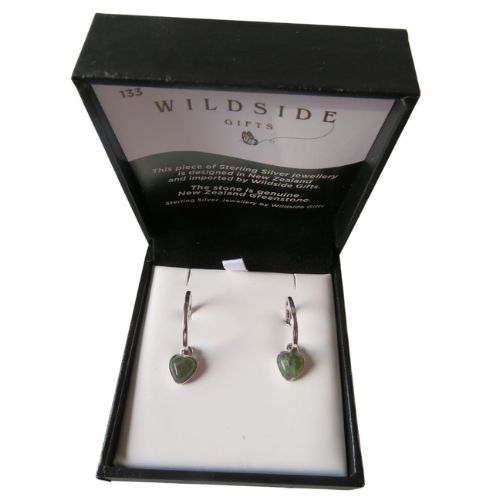 NZ Greenstone & Silver Heart Drop Stud Earrings - 6mm