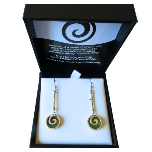 NZ Greenstone & Sterling Silver Koru Drop Earrings