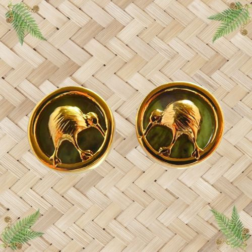 NZ Greenstone & Gold Kiwi Stud Earrings - 10mm