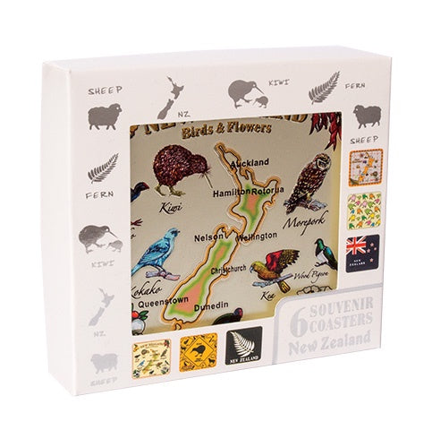 New Zealand Birds, Flowers & Map Foil Coasters 6pk