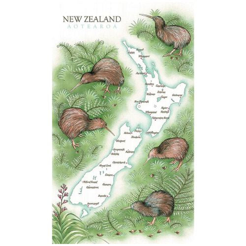 Kiwis on NZ Map Tea Towel