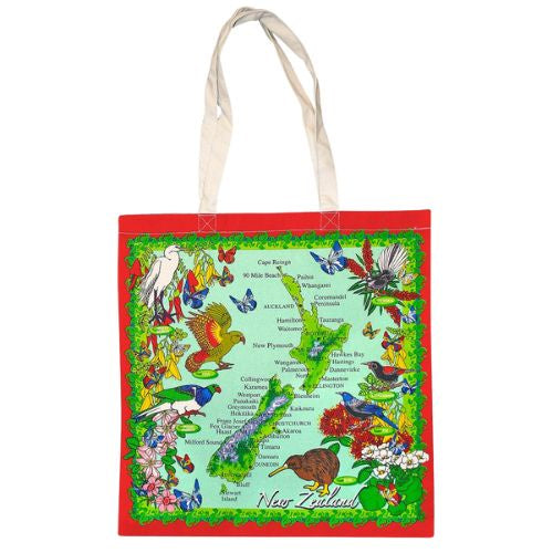 New Zealand Map & Birds Cotton Bag with Red Boarder