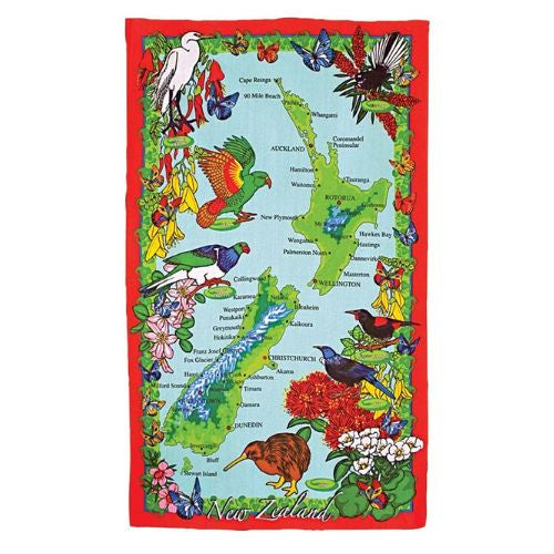 New Zealand Map Tea Towel with Red Boarder
