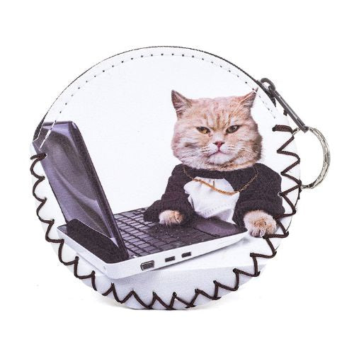 Cat With Laptop Round Coin Purse