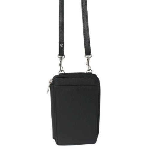 Ladies Leather Cellphone Crossbody Bag - Black