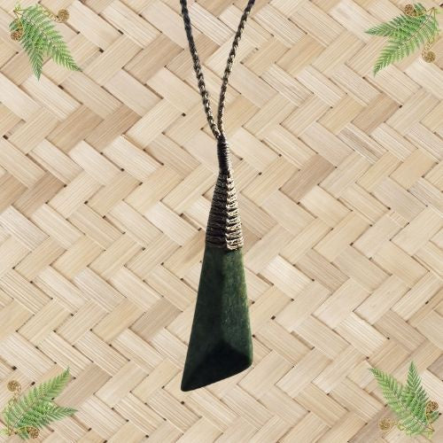 NZ Greenstone Triangle Carved Drop Pendant - 70mm