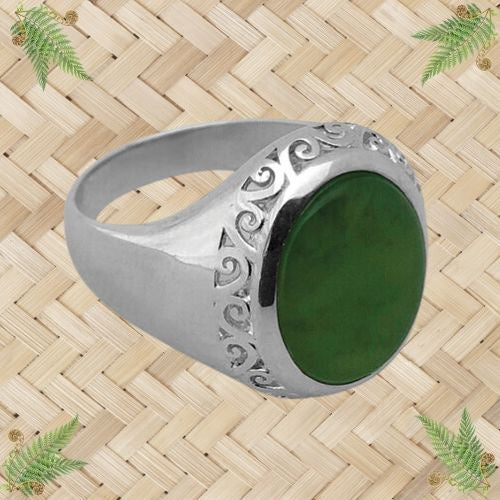 NZ Greenstone and Silver Koru Filigree Ring - Small