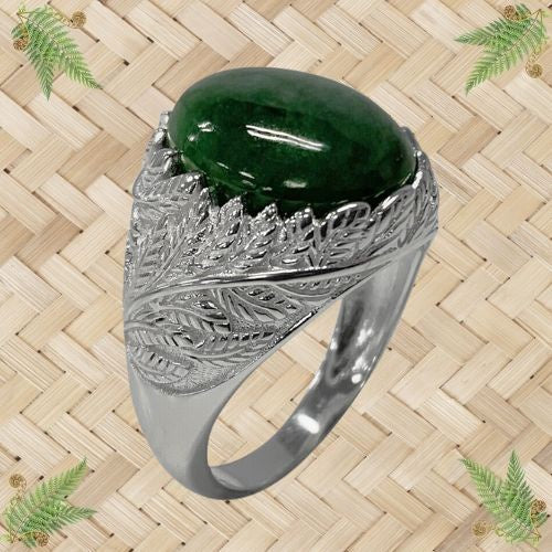 NZ Greenstone and Silver Fern Leaf Ring - Medium