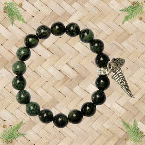 Greenstone Aroha Bead Bracelet with Fern