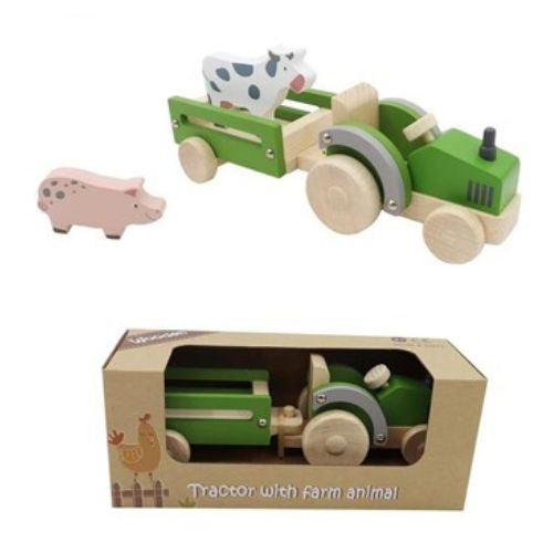 Wooden Tractor Trailer with Animals - Green