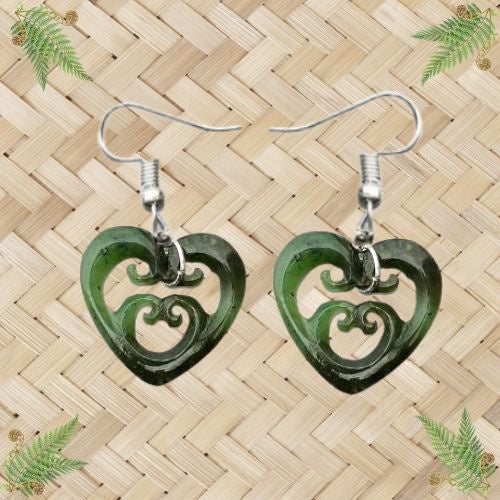 NZ Greenstone Heart with 4 Koru Earrings - 25mm