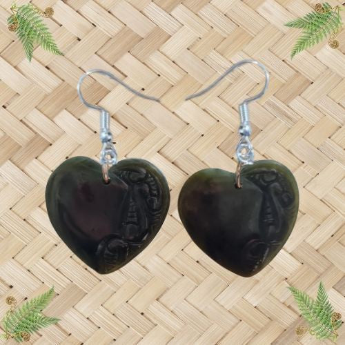 NZ Greenstone Engraved Heart Earrings - 30mm
