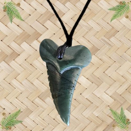NZ Greenstone Shark Tooth Pendant with Notches - 50mm