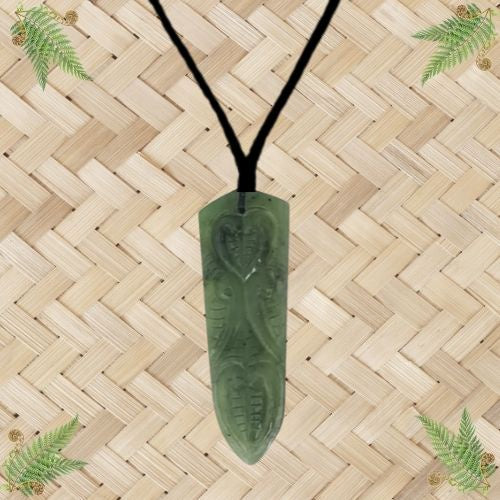 NZ Greenstone Toki with Koru Inlay Pendant - 70mm