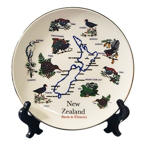 NZ Map, Birds & Flowers Plate with Gold Rim - 10cm
