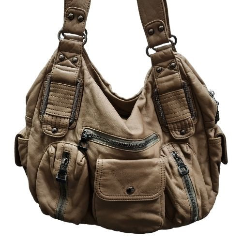 Taupe Handbag with 3 Zip Pockets
