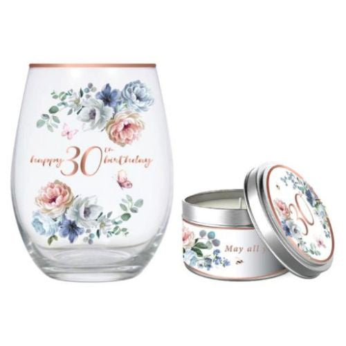 Dancing Roses Stemless Wine Glass 520ml & Vanilla Candle Gift Set - 30th