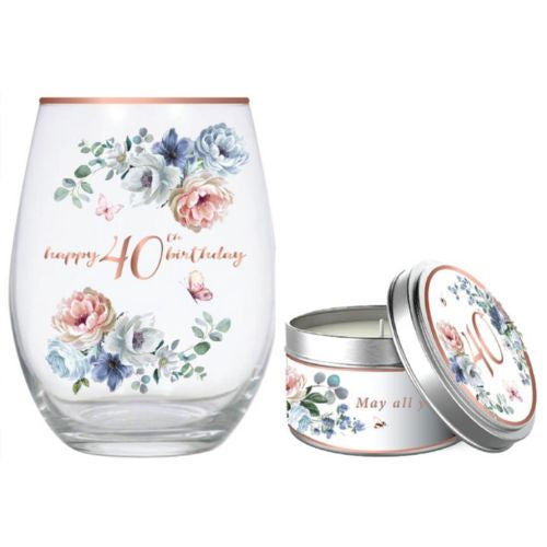 Dancing Roses Stemless Wine Glass 520ml & Vanilla Candle Gift Set - 40th