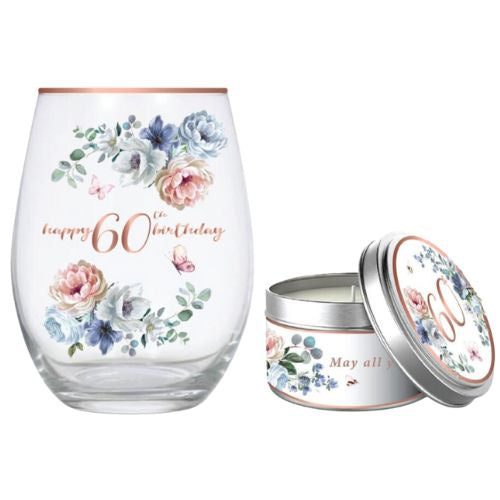 Dancing Roses Stemless Wine Glass 520ml & Vanilla Candle Gift Set - 60th