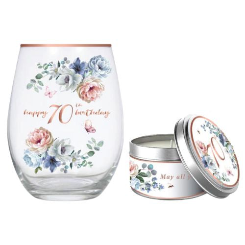 Dancing Roses Stemless Wine Glass 520ml & Vanilla Candle Gift Set - 70th
