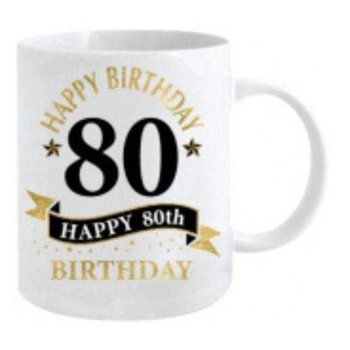 Happy Birthday White & Gold Mug - 80th