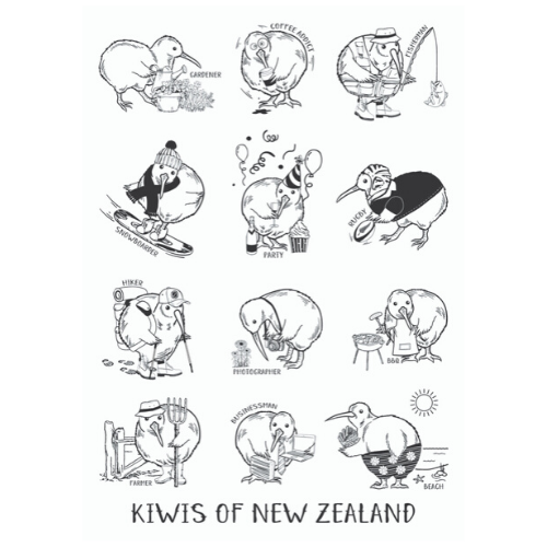 Kiwis of New Zealand Tea Towel