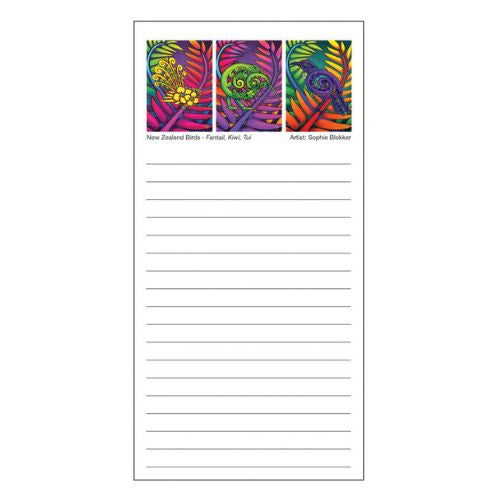 Sophie Blokker Magnetic Shopping List Notepad - Fantail, Kiwi, Tui Bright