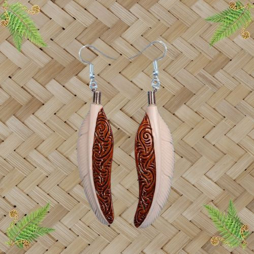 Bone Feather Earrings with Stain - 71mm