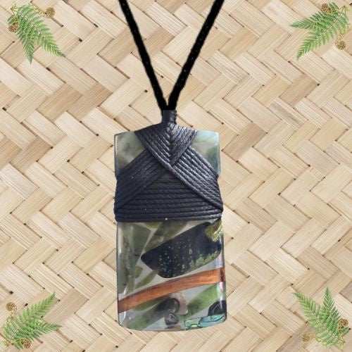 NZ Rimu,  NZ Greenstone & Shell Resin Toki Pendant - 55mm