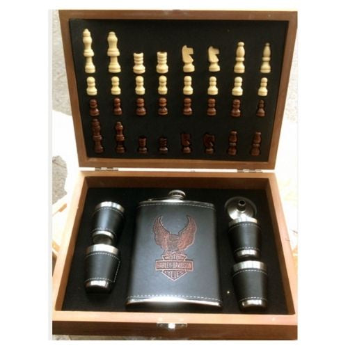 Harley Davidson Hip Flask and Chess Set